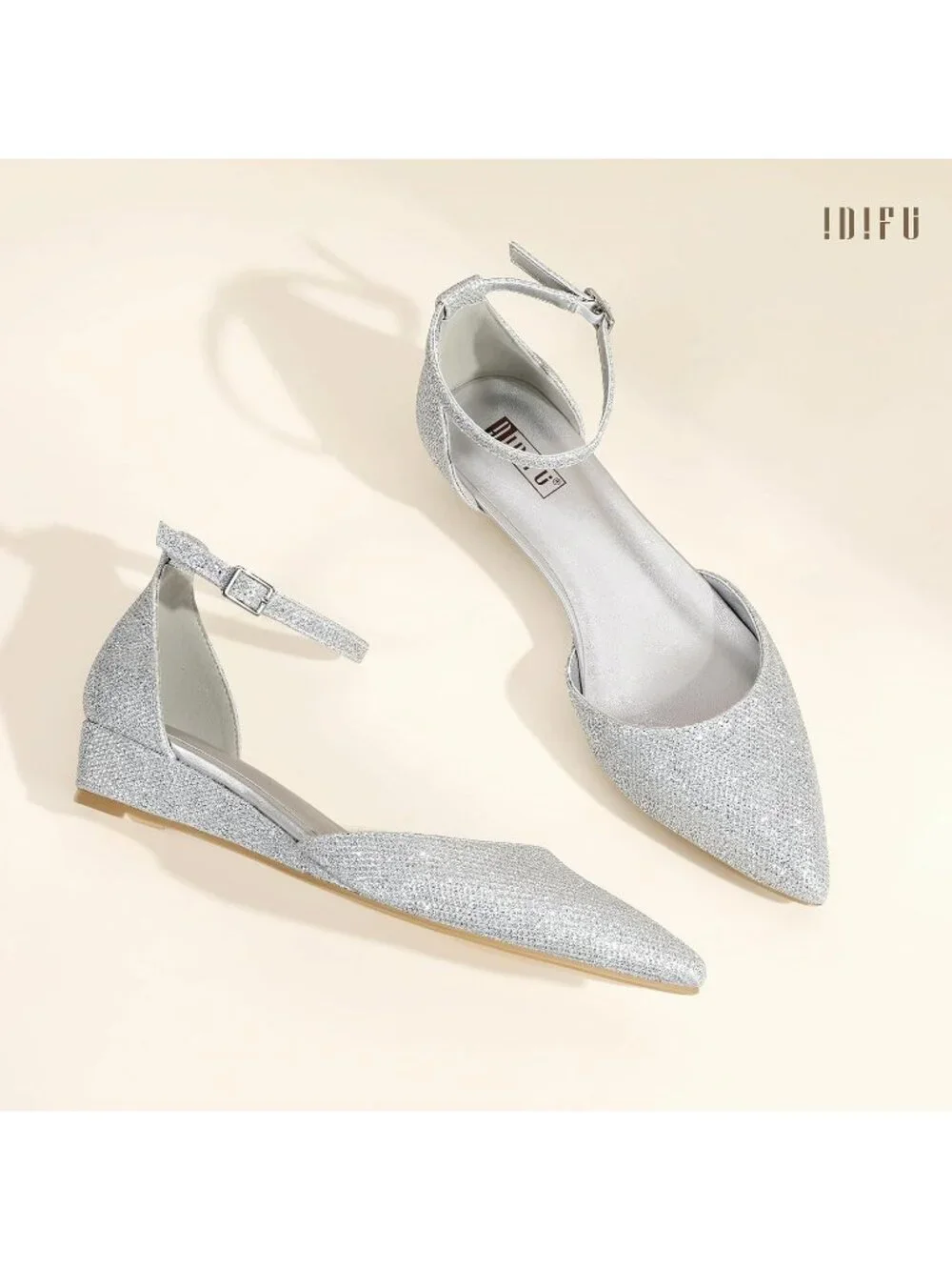 Women's Silver Glitter Low Wedge Closed Pointed Toe Adjustable Ankle Strap Shoes